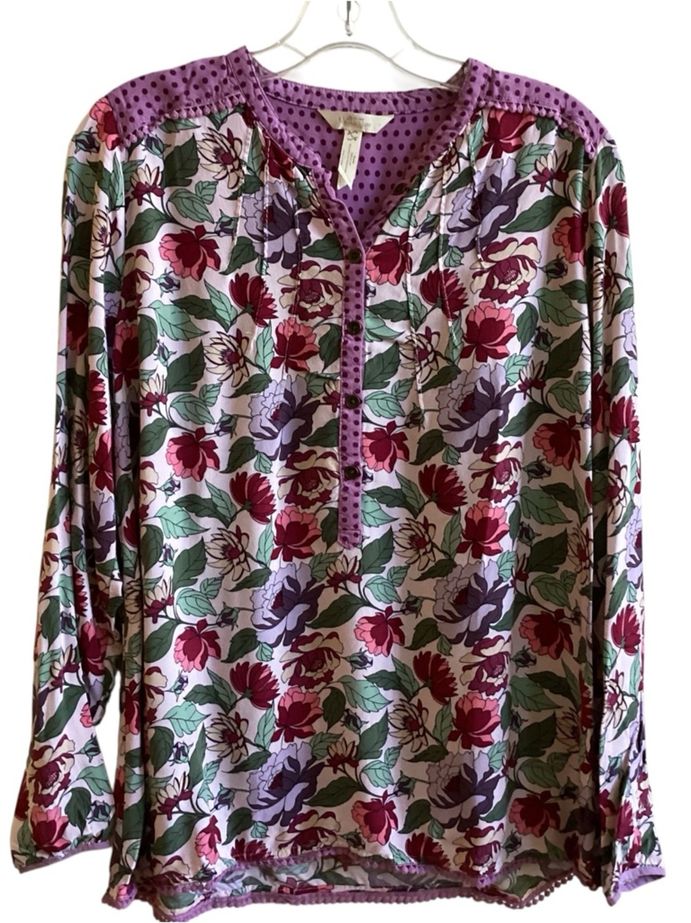 Matilda Jane Boho Purple Floral Blouse Ball Fringe Trim Misses size L